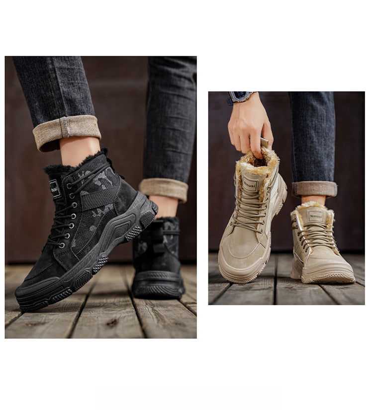 Men's High-Top Winter Boots with -Like Collar & - Heavy-Duty PU Upper, PVC Sole, Beige/Tan Lace-Up Snow Boots for Ice, Slush,, Outdoor (Warm Cold Weather Footwear)