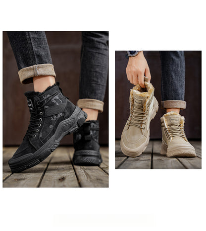 Men's High-Top Winter Boots with -Like Collar & - Heavy-Duty PU Upper, PVC Sole, Beige/Tan Lace-Up Snow Boots for Ice, Slush,, Outdoor (Warm Cold Weather Footwear)