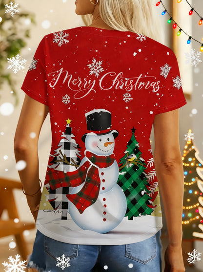 Plus Size, Women'S Plus Size Red Christmas T-Shirt with Snowman & Plaid Tree Design - Cozy Crew Neck Long Sleeve Pullover, Merry Christmas Lettering, Machine Washable Casual Winter Fall Top For Holiday Parties & Casual Attire