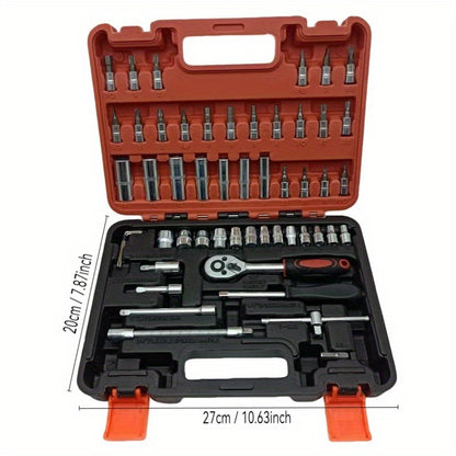 53/50pcs Chrome Vanadium Impact Socket Set, 3/8 Inch Drive, 6-Point Design, Includes SAE Sizes from 5/16 to 3/4 Inch and Metric Sizes from 8 to 22mm, with Ratchet Handle, Extension Bar, Adapter, and Glove