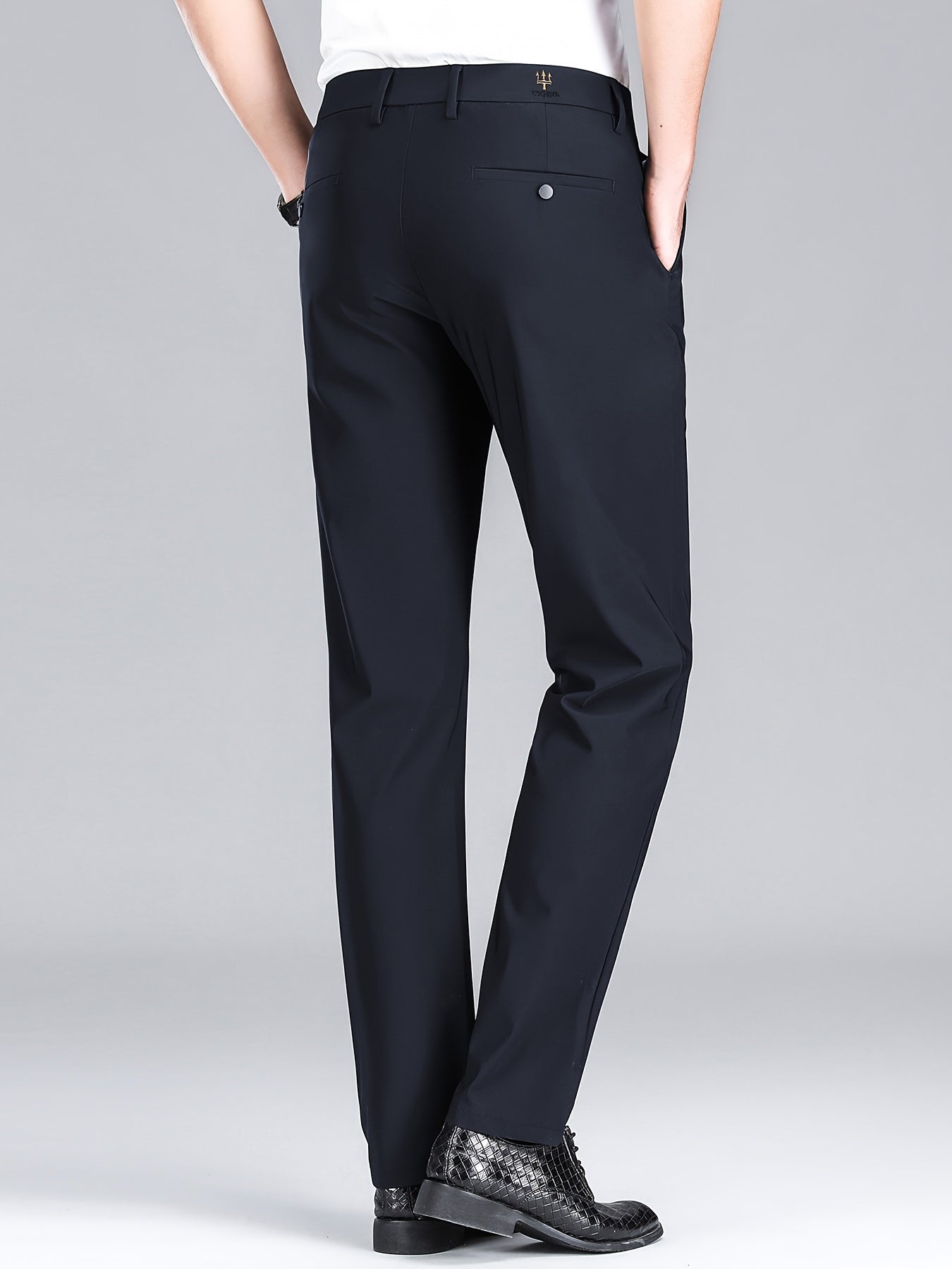 Men'S Navy Blue Straight Leg Dress Pants - Casual Style, Polyester Fabric with Slight Stretch, Mid Waist, Button Closure, No Belt, Regular Fit, Outdoor & Office Wear, Office Attire|Straight Leg Pants|Polyester Fabric