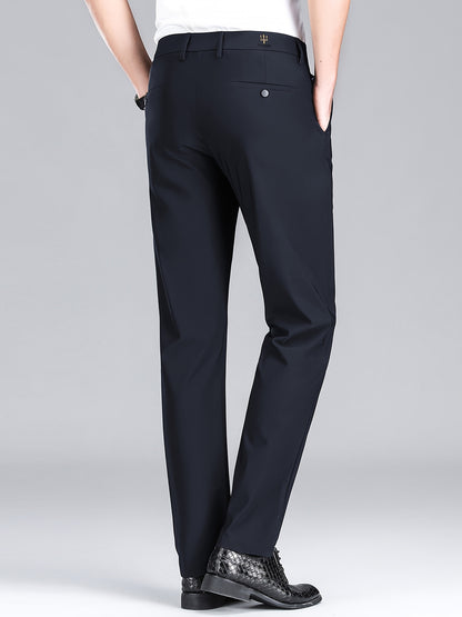 Men'S Navy Blue Straight Leg Dress Pants - Casual Style, Polyester Fabric with Slight Stretch, Mid Waist, Button Closure, No Belt, Regular Fit, Outdoor & Office Wear, Office Attire|Straight Leg Pants|Polyester Fabric