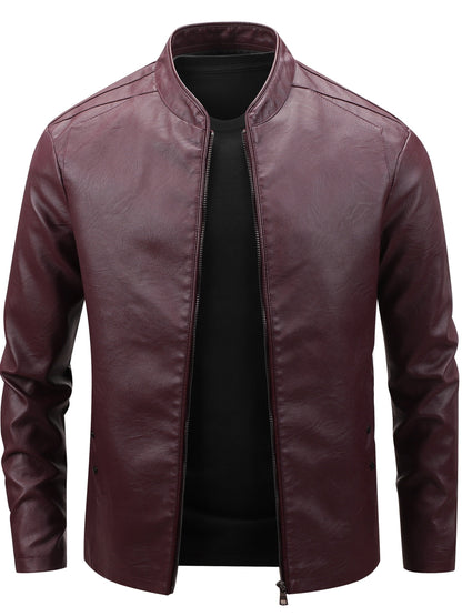 Men's Casual Baseball Collar PU Jacket with Zipper
