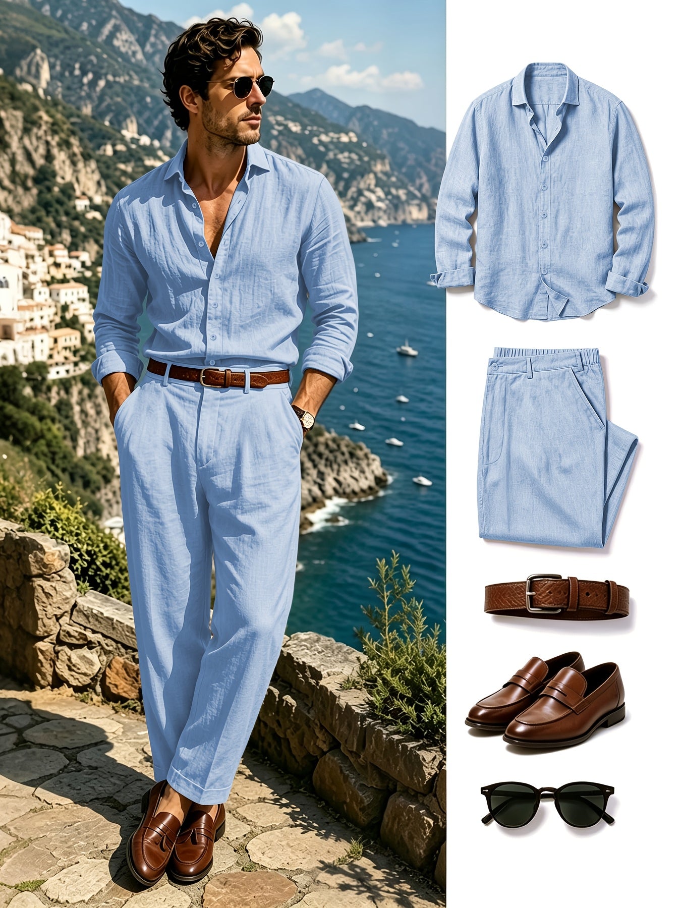 Men's Lightweight Linen Long-Sleeve Shirt & Pants Set for Spring/Fall
