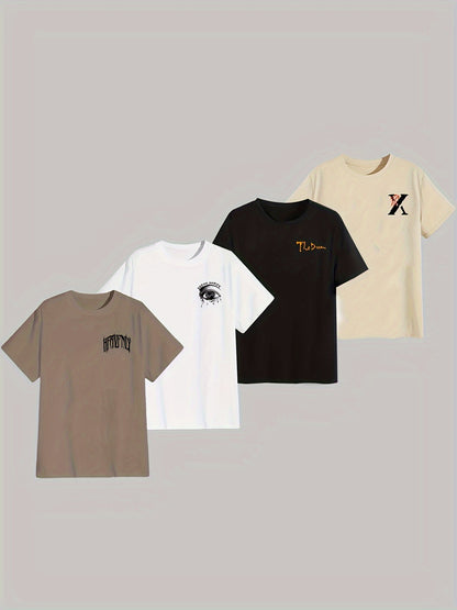 4pcs Men's Graphic Tees - "Heavenly"  More Designs, Casual Crew Neck Short Sleeve T-Shirts in Beige, Black, White - Lightweight Polyester for Summer Outdoor Wear