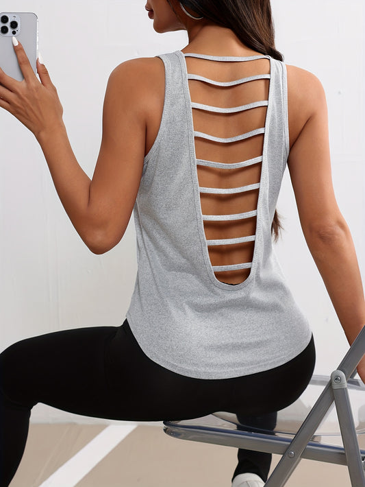 Women's Sleeveless Athletic Tank Top - Stretchy & Breathable Polyester-Elastane Blend, Round Neck, Backless Design for Casual & Sports Wear, Machine Washable