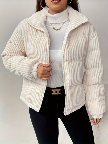 Կանացի սպիտակ փքված բաճկոն՝ կայծակաճարմանդով և թավշանման վերնամասով - Բեժ ձմեռային վերարկու, լվացքի մեքենայով լվացվող ցուրտ եղանակի վերնազգեստ, էլեգանտ կարճ կտրվածք (առանց գոտու)՝ առօրյա կամ պաշտոնական օգտագործման համար, կանացի բաճկոններ, ձմեռային հագուստ