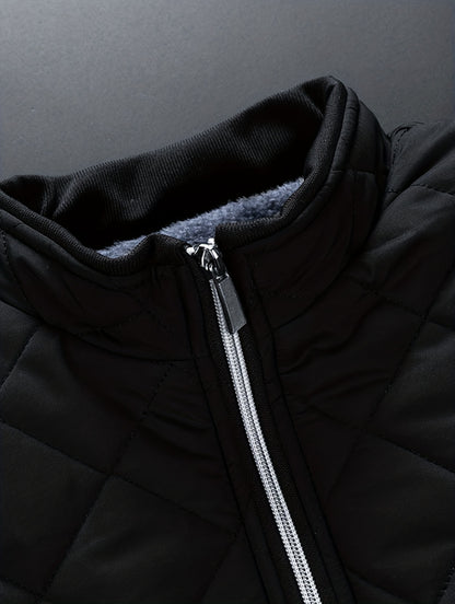 Men'S Diamond Pattern Fleece-Lined Jacket | Casual Stand Collar Warm Coat with Zipper Closure for Autumn and Winter