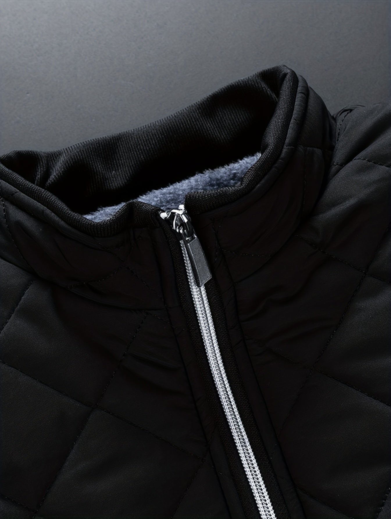 Men'S Diamond Pattern Fleece-Lined Jacket | Casual Stand Collar Warm Coat with Zipper Closure for Autumn and Winter