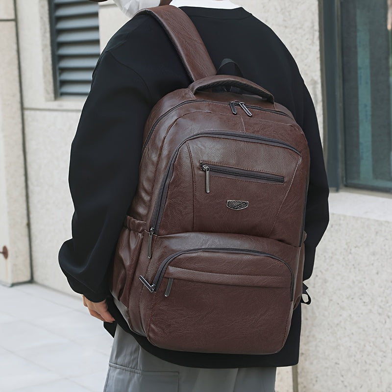 Men's Vintage PU Large Capacity Multi-Pocket Backpack, Casual Commuter Travel Backpack - ayq