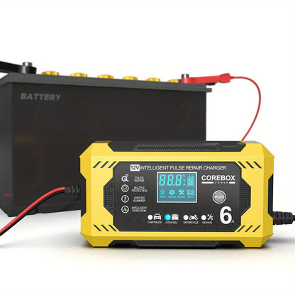 COREBOX EU Plug 12V 6A Smart Battery Trickle Charger 12V Battery Maintainer Battery Charger with LCD Display for Car Truck Motorcycle Lawn Mower Marine Lead Acid Charge, Without Battery