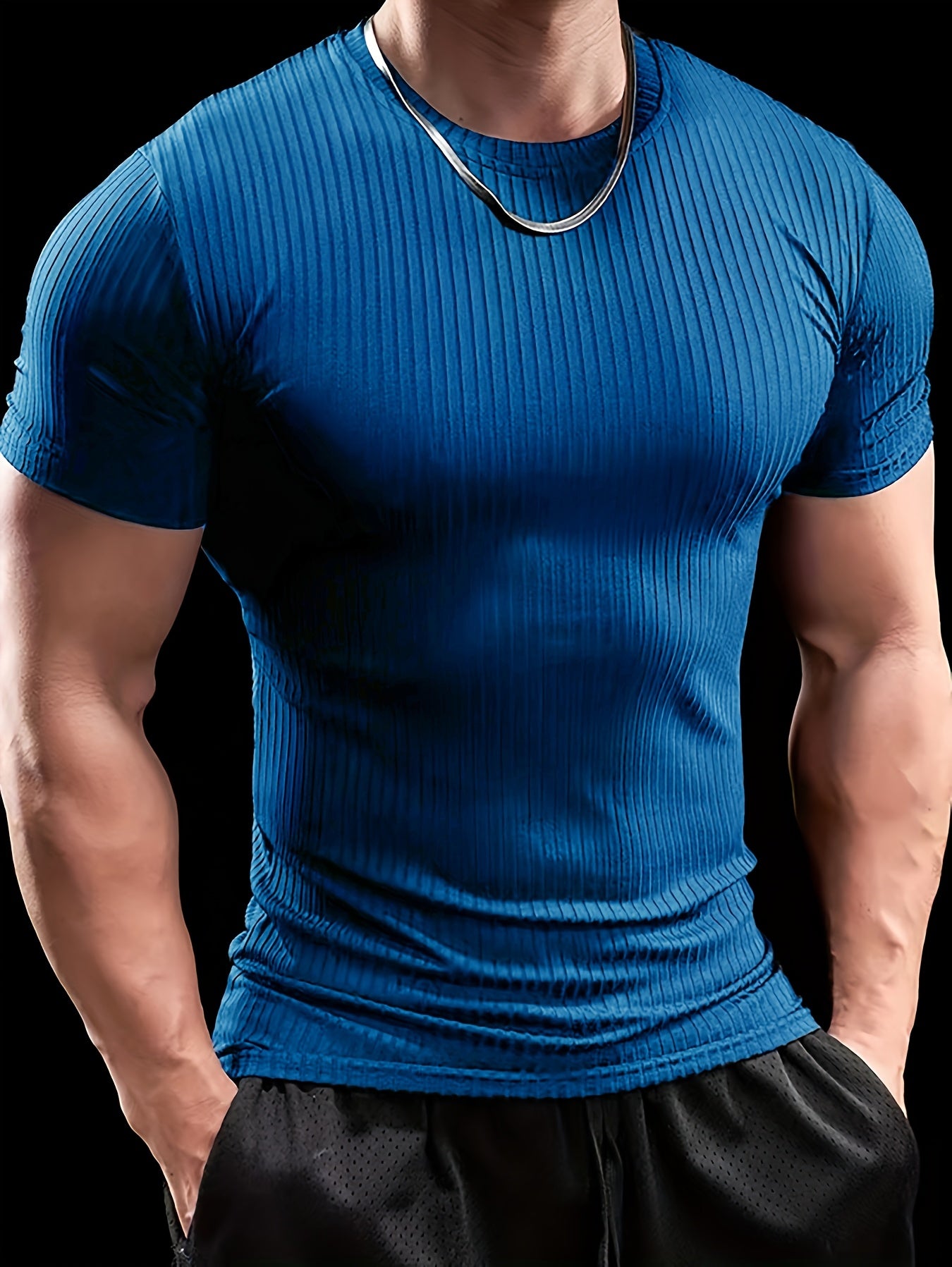 Men's Stretch Fit Short Sleeve T-Shirt - Breathable, Comfortable Polyester Blend, Solid Blue, Crew Neck, Casual  Sporty Style for Spring/Summer