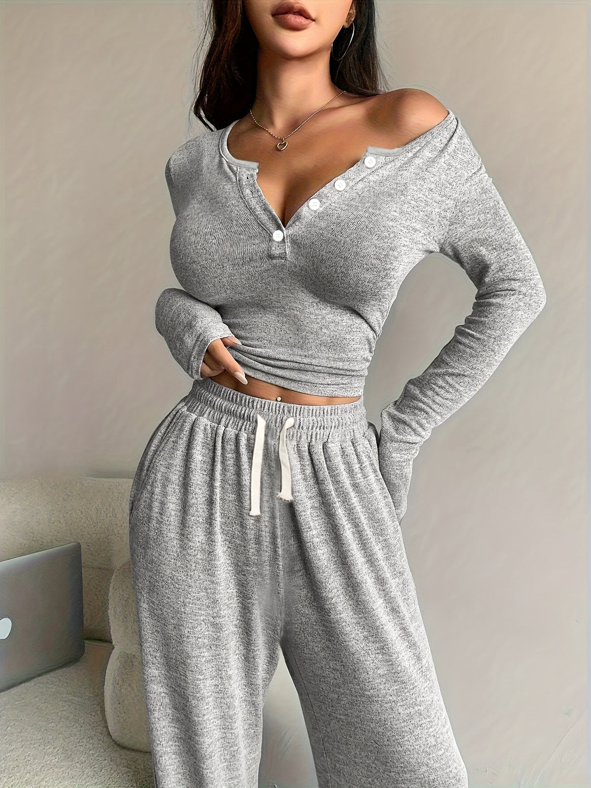 Women's Long Sleeve Solid Color Polyester Pajama Set - ayq