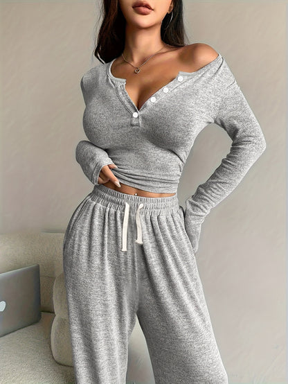 Women's Long Sleeve Solid Color Polyester Pajama Set - ayq