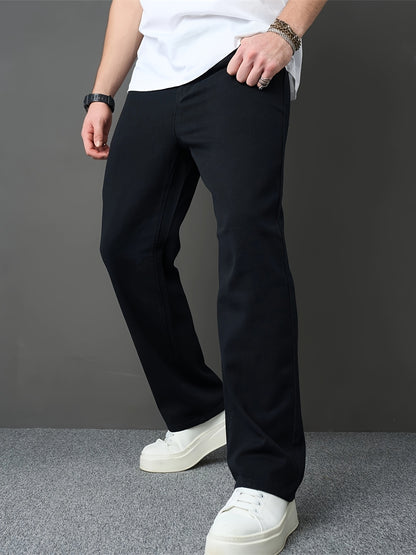 Men's Classic Black Straight-Leg Jeans - Loose Fit, Solid Color Denim, Cotton Blend, Machine Washable, All-Season Style, Streetwear Fashion|Modern Basic Jeans|Cotton Blend Denim