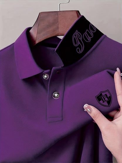 Men'S Fashion Short-Sleeve POLO Shirt | Contrast Rib-Knit Collar with 3D High-Frequency Print | Casual Style, Regular Fit, Summer Season - ayq