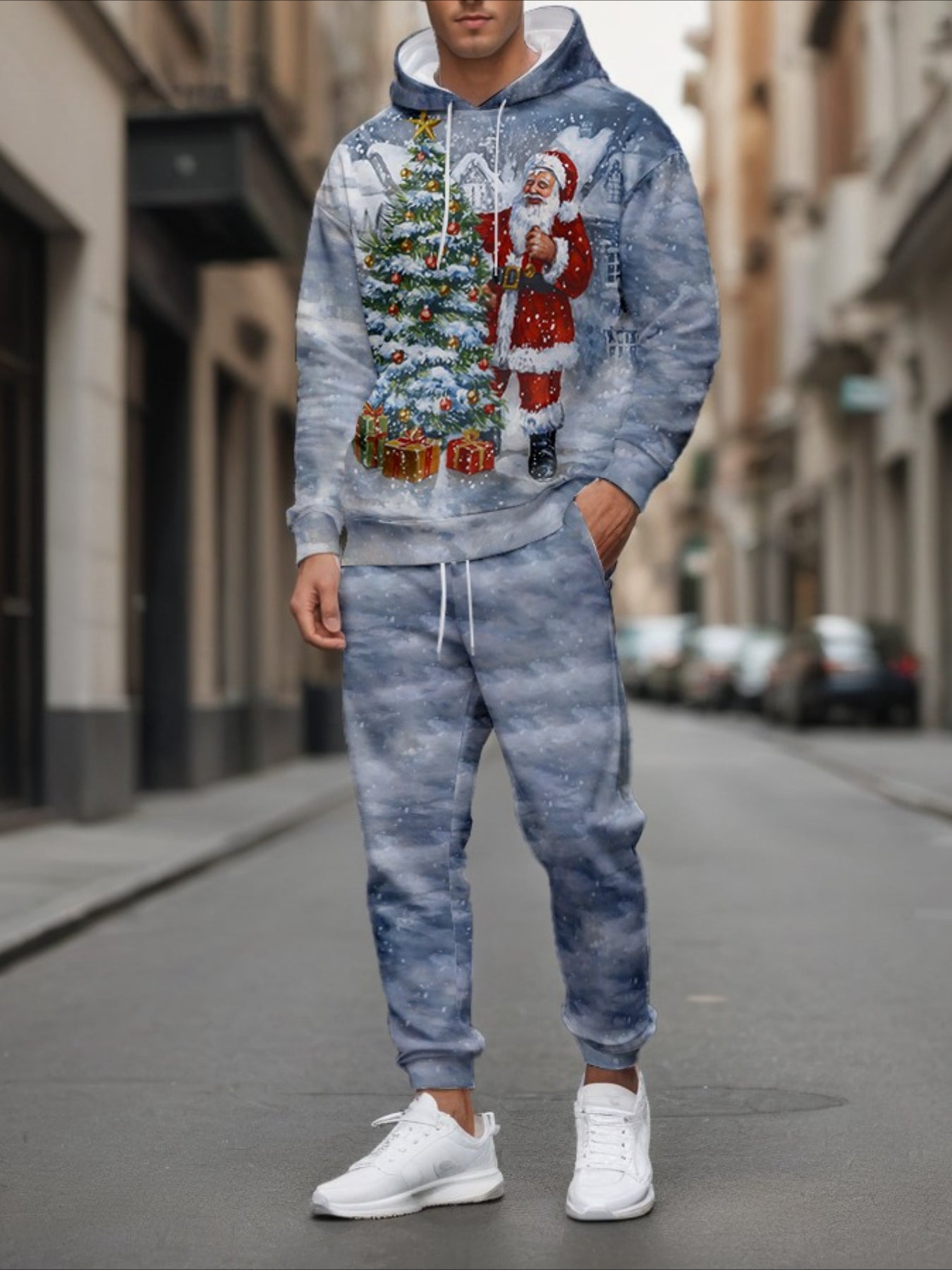 Men'S Trendy Fitness Outdoor Home Hoodie 2pcs Set, Snowy Santa Claus 3D Print, Regular Fit, Stretchy Fabric, Versatile Style, Spring/Autumn/Winter Men'S Hoodie, Knit, Outdoor Hoodie, Casual Wear, Trendy Hoodie, Durable Fabric