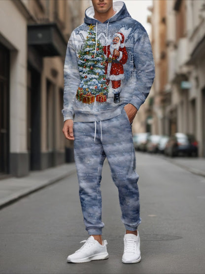 Men'S Trendy Fitness Outdoor Home Hoodie 2pcs Set, Snowy Santa Claus 3D Print, Regular Fit, Stretchy Fabric, Versatile Style, Spring/Autumn/Winter Men'S Hoodie, Knit, Outdoor Hoodie, Casual Wear, Trendy Hoodie, Durable Fabric