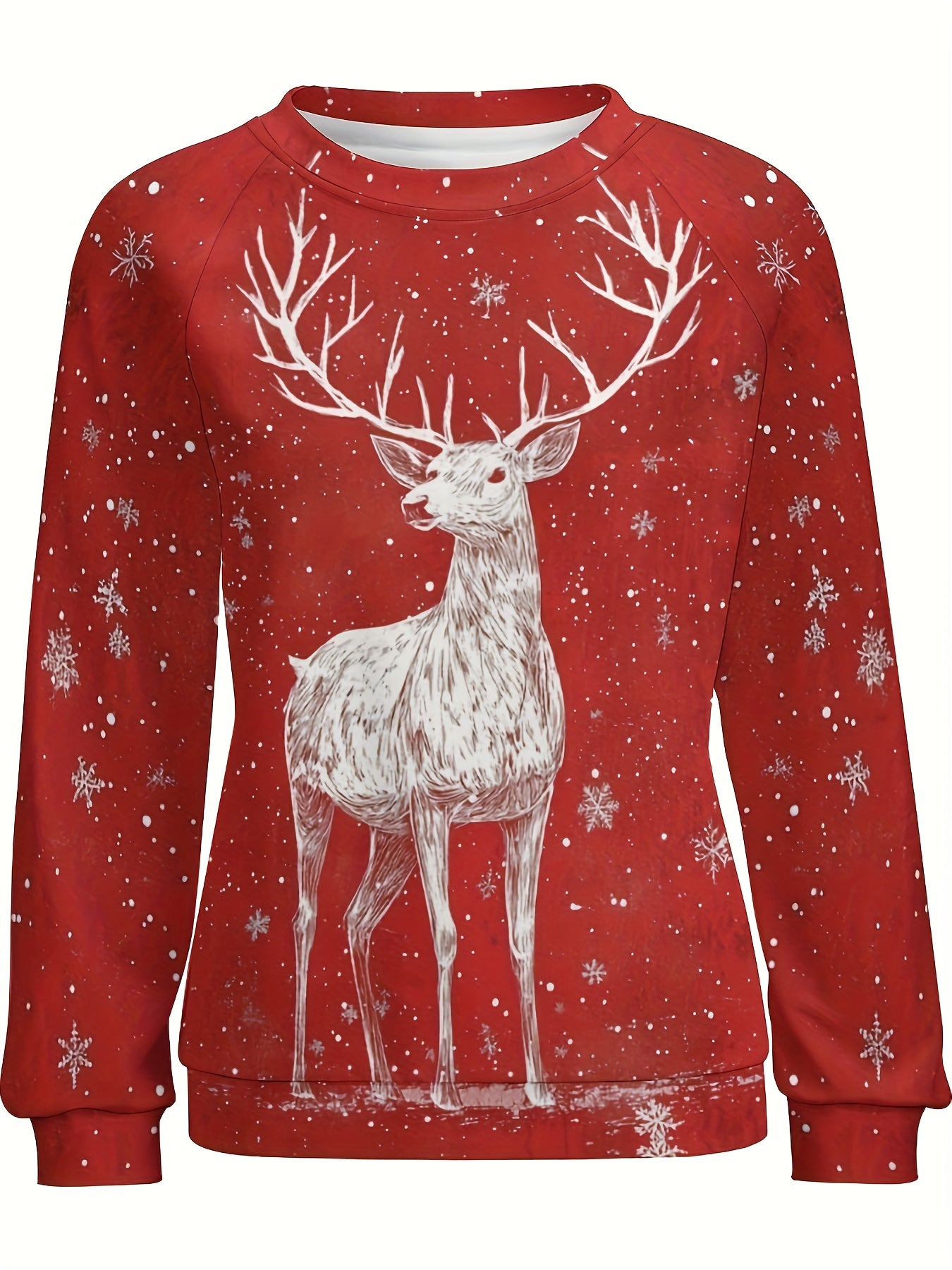 Women'S Christmas Sweater - Red & White Deer Graphic Pullover Sweater, Loose Fit Long Sleeve Holiday Sweater for Christmas Party, Family Gathering, Christmas Clothes, Christma Jumper Women Plu Size, Christma Plu Size Women, C