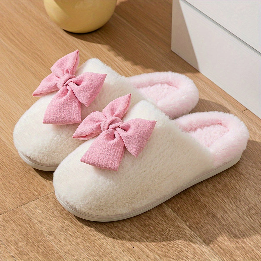 Women'S Cozy Winter Slip-On Slippers with Large Bow Detail - Soft Corduroy, Non-Slip TPR Sole, Warm Fabric Lining for Indoor Comfort, Cute Slippers