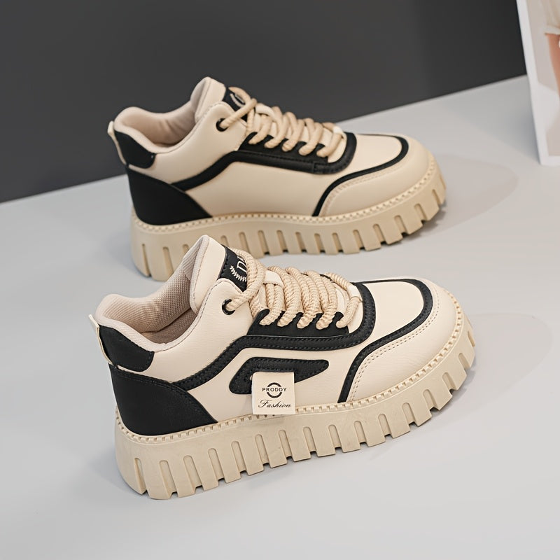 1 Pair Women'S Fashion Mid-Top Casual Sneakers, PU Upper, Fabric Lining, Rubber Sole, and EVA Insole, Lace-Up Design, with All-Season Versatile Athletic Shoes