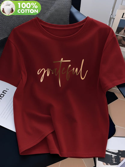 Women's 100% Cotton Casual T-Shirt with 'Grateful' Print