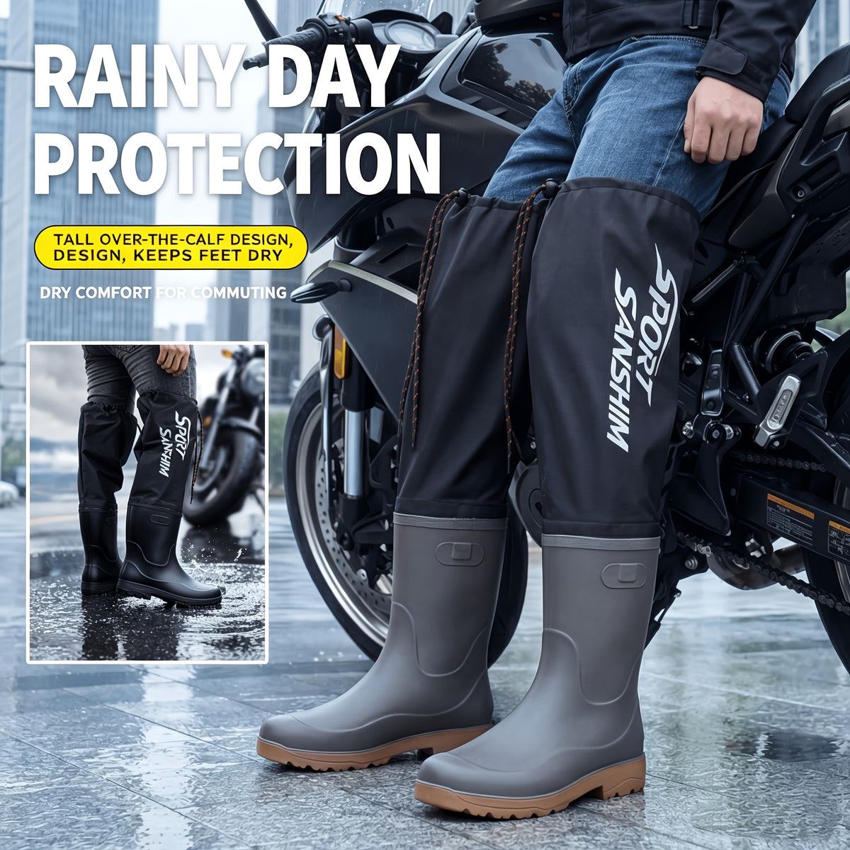 Men's Over-the-Knee PVC Rain Boots with Drawstring Cuff