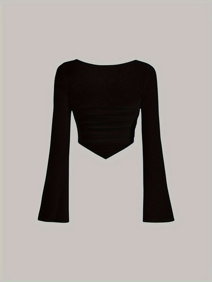 Women'S Elegant Square Neck Solid Color T-Shirt, Polyester Knit Fabric, Short Length, Stretchy Slim Fit, Spring/Fall Fashion Top