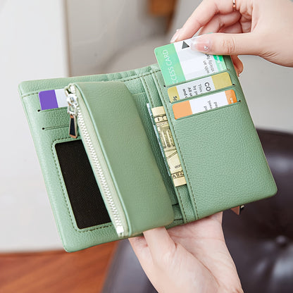 A Compact Trifold Wallet Made of Soft PU in a Solid Color, Featuring Metal Accents. It Includes a Zippered Coin Pocket, Card Slots, And an ID Window, Suitable for Credit Cards, ID Cards, Cash, And Coins. This Modern, Lightwei