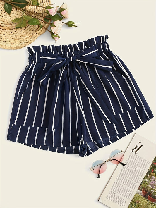 Striped Paperbag Waist Belted Shorts, Vacation Slant Pocket Loose Shorts, Women's Clothing