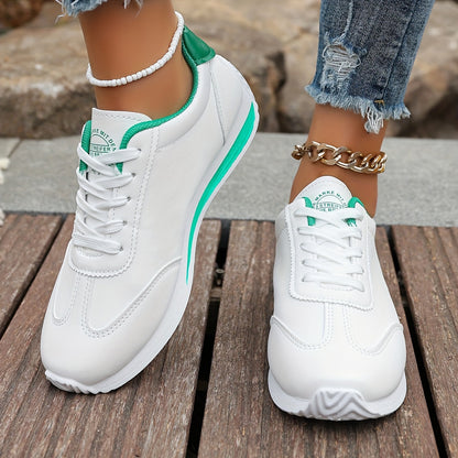 Women's Lightweight Casual Sneakers - White Synthetic Leather, All-Season Comfort, Stability Support, Breathable Fabric Lining, TPR Sole, Perfect for Casual Attire, Cute Shoes