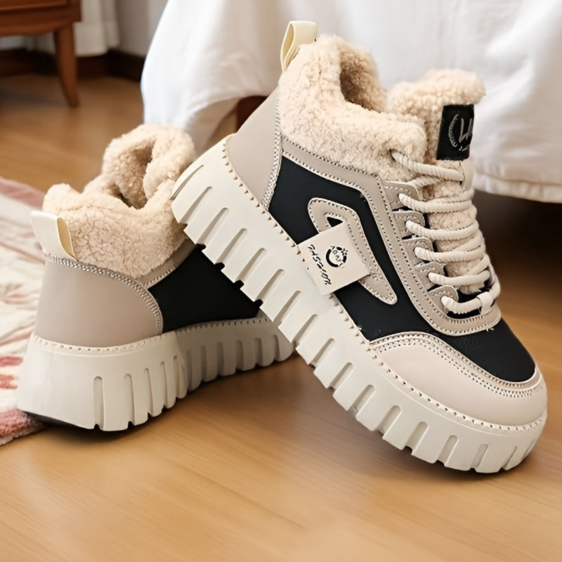 Women'S Winter Warm High-Top Sneakers - Breathable Synthetic, Plush Lined, Durable PVC Sole, Stylish Beige & White Design for Outdoor Casual Wear, Winter Sneakers | Stylish Winter Shoes | Durable PVC Sole, Women Winter Shoes,