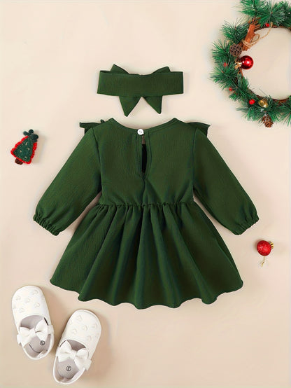 1-18 ամսական աղջիկների կարմիր զգեստ | Սուրբ Ծնունդ, Նոր Տարի, Տոնական և տոնական զգեստ գլխակապով, արքայադստեր ոճով, աշուն-ձմեռ հավաքածու, կլոր վզնոցով, երկար թևքերով, մինչև ծնկները, լայնացված եզրով