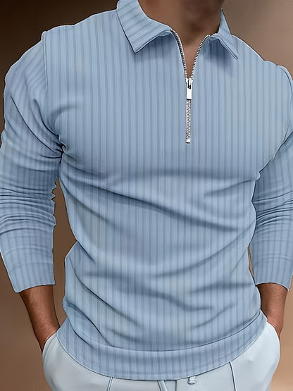 Men's Casual Sports Ribbed Long Sleeve Zipper Lapel Golf Shirt, Spring And Fall