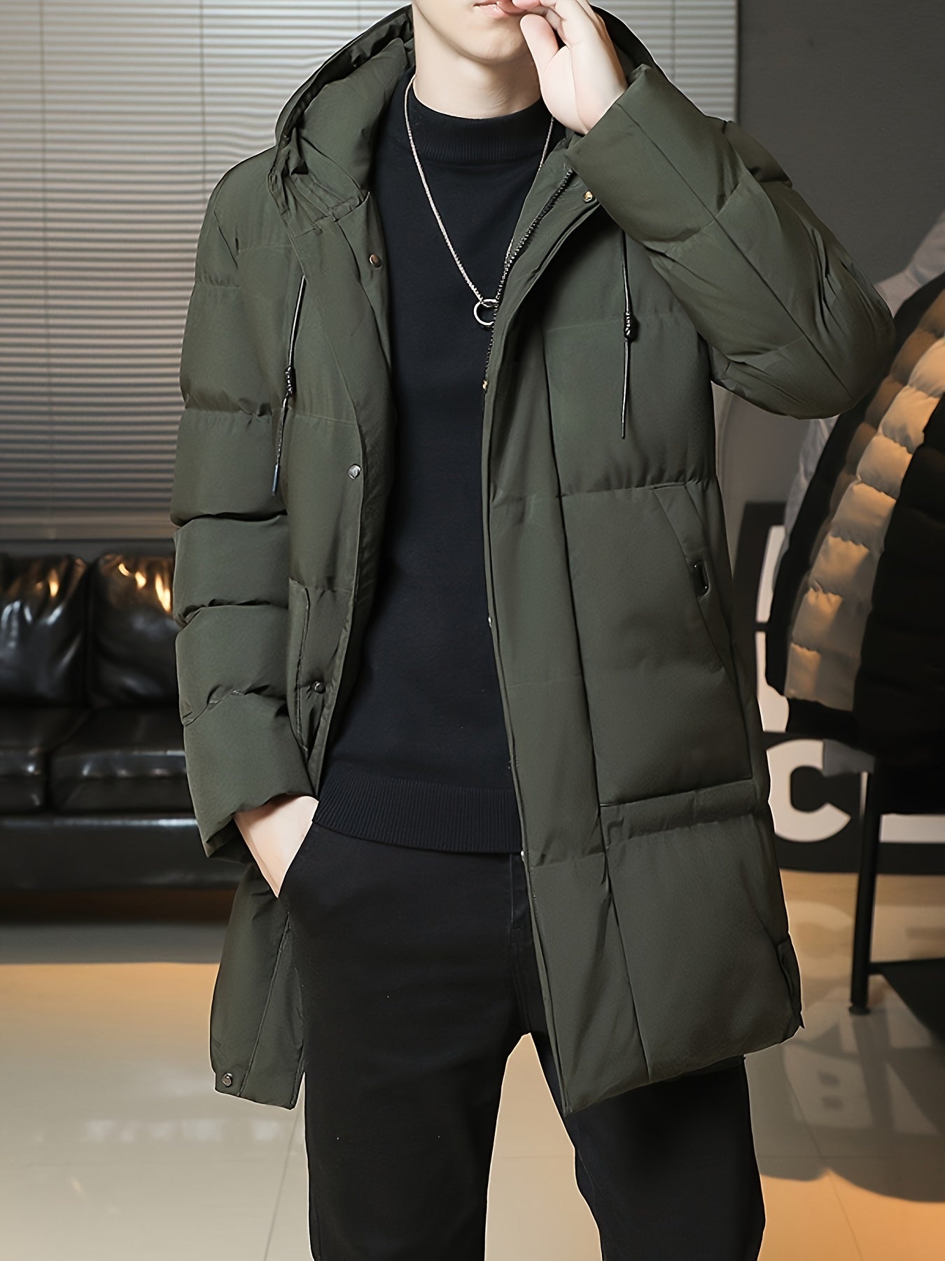 Men's Winter Hooded Padded Jacket, Thickened Loose Fit Solid Color Zip-Up Padded Coat, Warm & Stylish Men's Outerwear
