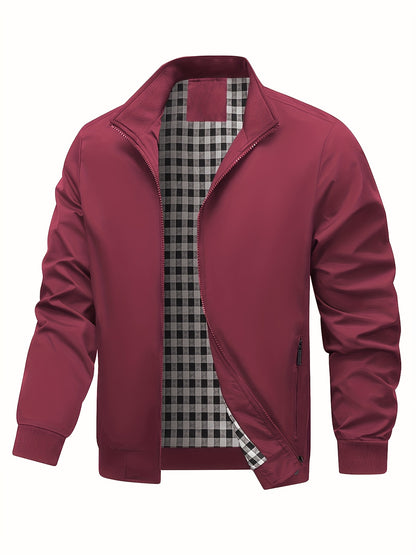 Men's Academic Jacket - Burgundy (Deep Red), Zip-Up Front Closure, Structured Non-Stretch Fabric, Zippered Pockets - Formal & Casual Outerwear for Office, Events, Everyday - Easy-Care Coat, Dressy Jacket, Houndstooth Pattern
