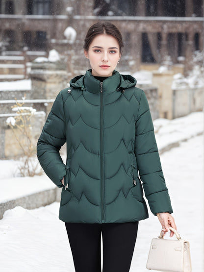 Կանացի էլեգանտ սև ձմեռային փքված բաճկոն՝ երկար թևքերով, կայծակաճարմանդով, առօրյա ոճով՝ ուլունքազարդ դետալներով, իդեալական է ձյունառատ օրերի համար, առօրյա ձմեռային հագուստի համար | Կայծակաճարմանդով բաճկոն | Գործնական գրպաններ