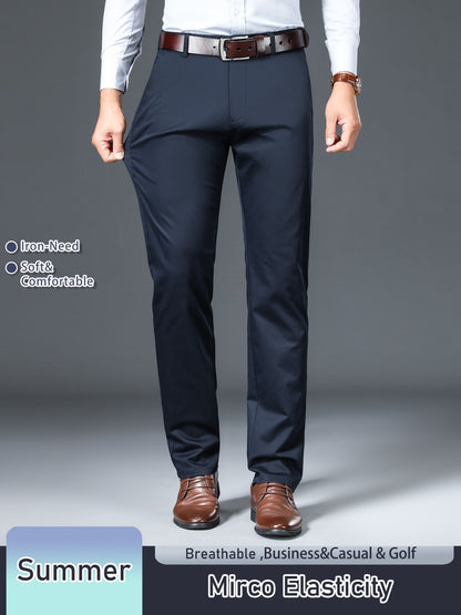 Men's Solid Color Straight Leg Business Style Cotton Blend Pants, Casual Comfy Breathable Outdoor Trousers As Gift