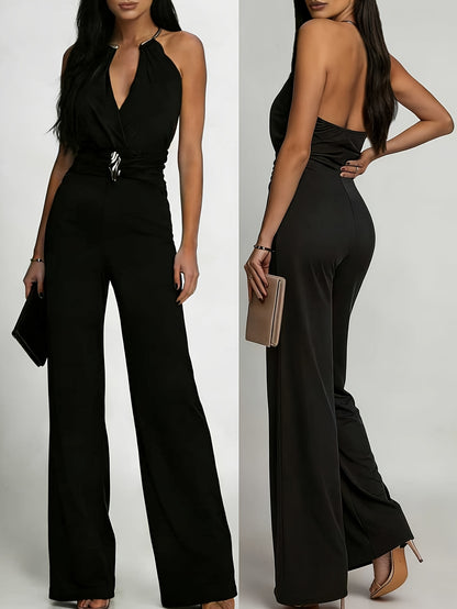 Women’s Chic Deep V-Neck Pleated Jumpsuit with Jewel Detail