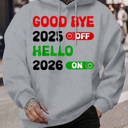 Men's 2025 New Year Print Hooded Sweatshirt - Kanji-Inspired "Goodbye 2025 2026" Pullover, Winter Warm Casual Sweater with Green/Red Toggle Switch Design, Machine Washable Red Hoodie for Christmas & NYE Parties