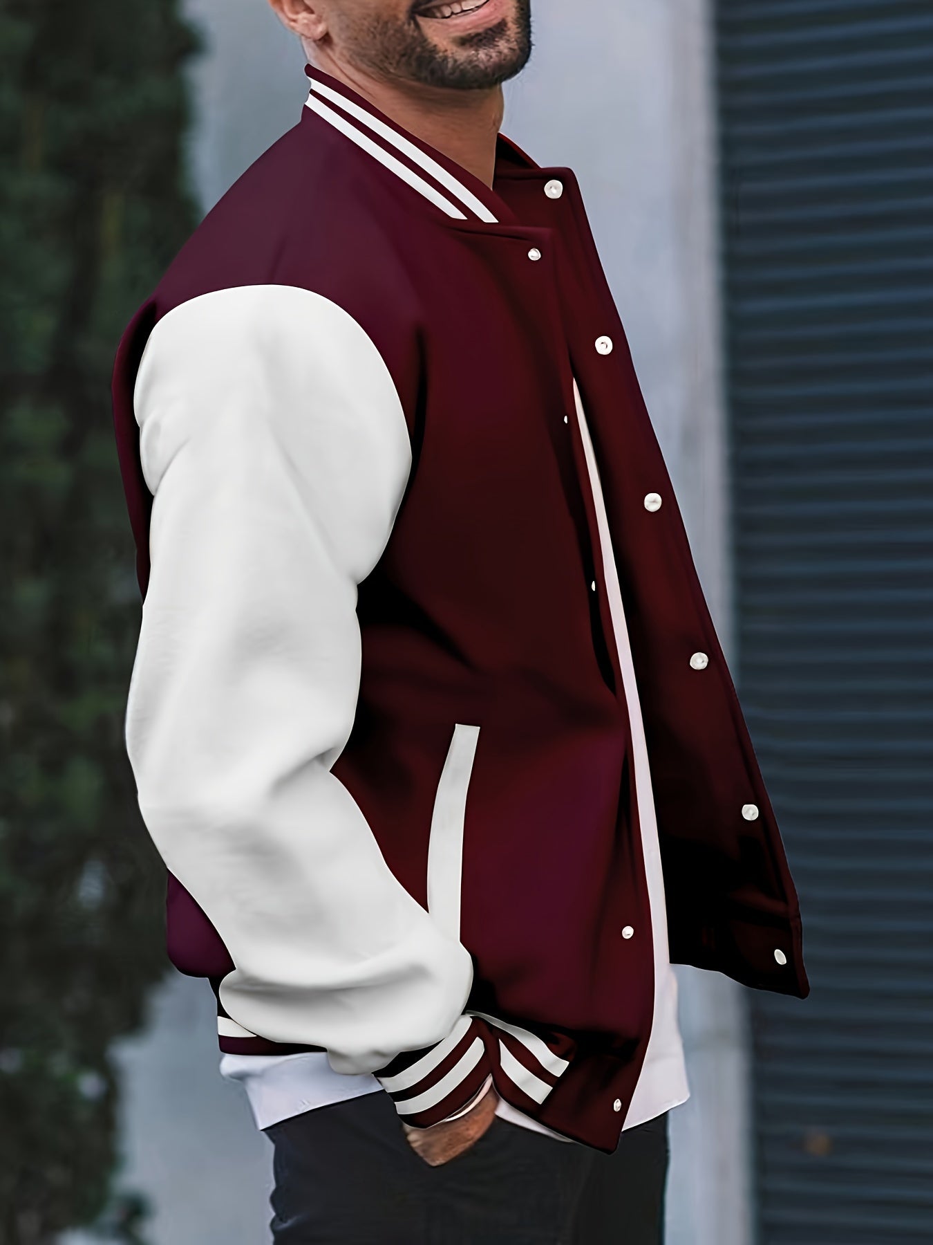 [Bold Design] Men's Stylish Black & White Varsity Jacket - Casual Baseball Coat with Pockets, Button-Up Front, Long Sleeve, Polyester Blend, Perfect for Fall & Winter, Casual Sportswear | Casual Fashion Jacket | Cotton Comfor