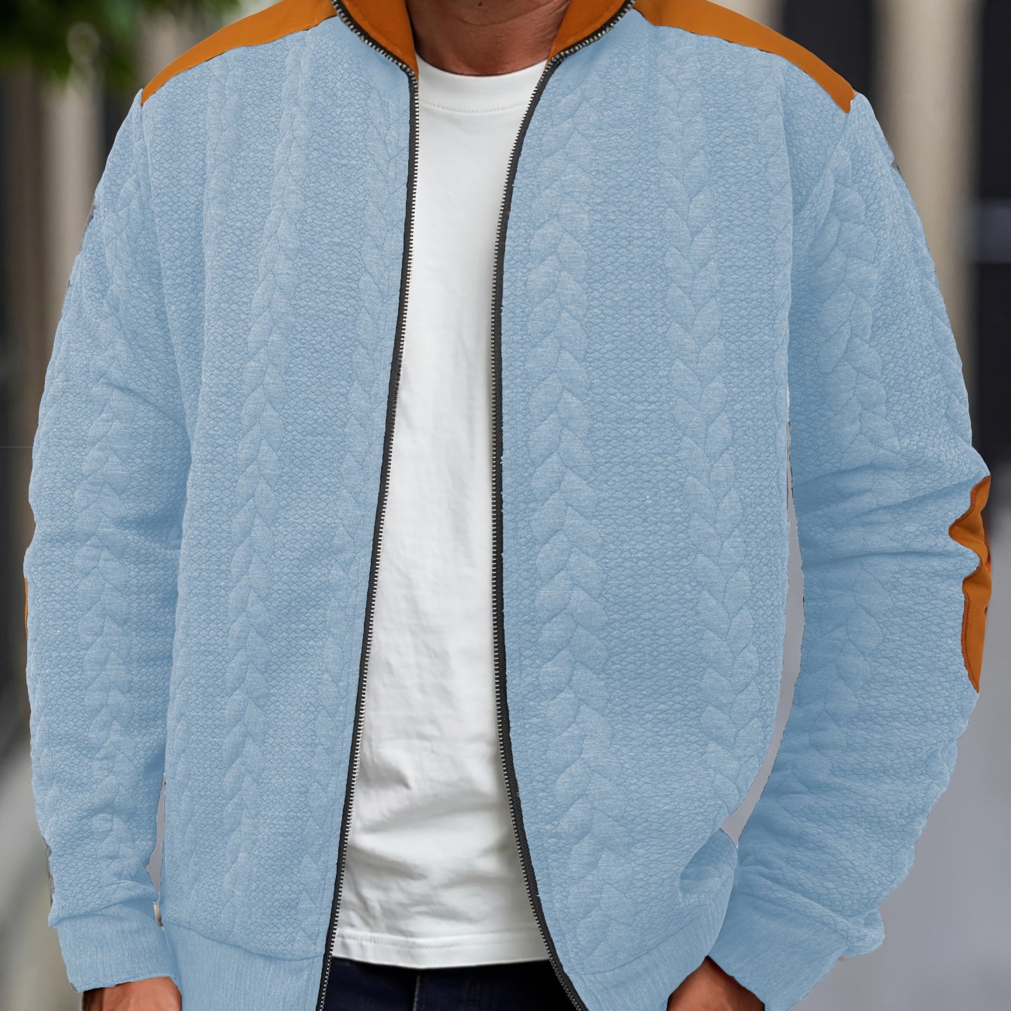 Men'S Light Blue Quilted Zip-Up Jacket - Casual Fall/Winter Outerwear with Stand Collar, Long Sleeves, and Front Pockets, Perfect for Casual Attire, Autumn Winter Apparel | Quilted Texture Jacket | Zippered Jacket