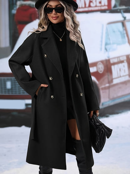 Women's Elegant Double-Breasted Tweed Overcoat with Tie Belt