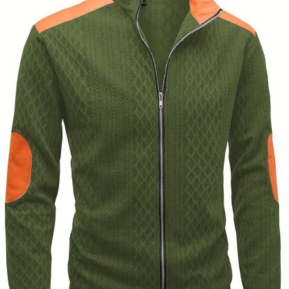 Men's Beige & Orange Contrast Full-Zip Jacket - Winter Warmth Loose-Fit Tailored Coat with Stand Collar, Zippered Pockets & Full-Zip Closure, Machine Washable Casual Outerwear for Men (Beige/Orange) - Ideal for Fall and Winte