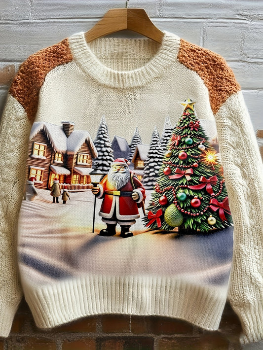 Winter Women's Knitted Christmas Sweater - Printed holiday pattern with soft faux fur trim, warm and cozy, suitable for holiday parties, family gatherings and casual Casual Attire | 2025 Hot Christmas fashion, Women's gift id