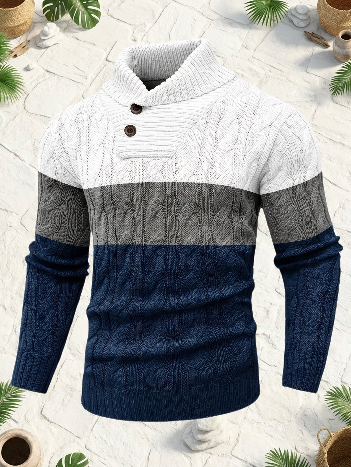 Men's Business Style Color-Block Sweater, Fashionable Trendy Spliced Large Lapel Pullover, Versatile Button-Design Sweatshirt