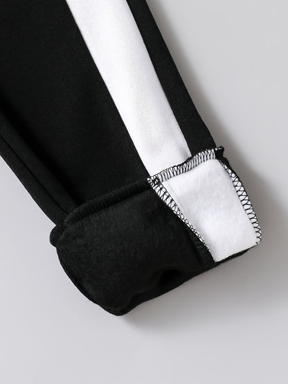 2pcs Boys' New Fashion Hooded Zip-Up Jacket and Pants Set, Black and White Striped Print Trendy Cool Style Outfit for Autumn/Winter, Thickened Sportswear with Pockets, Durable Polyester Fabric, Perfect Gift Choice for Kids, A