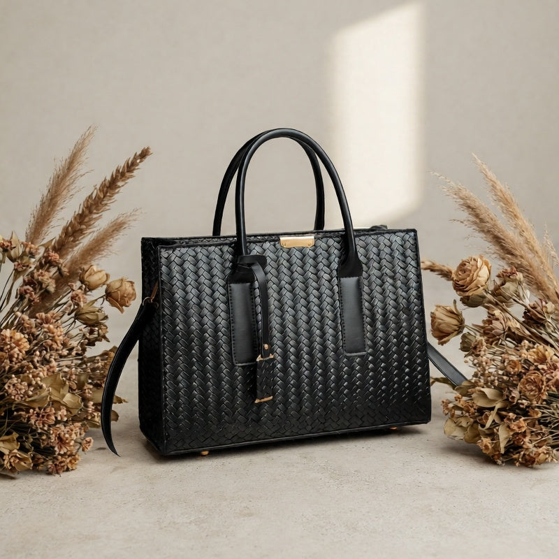 Large Woven Ladies Handbag with Removable Strap and Metal Buckle