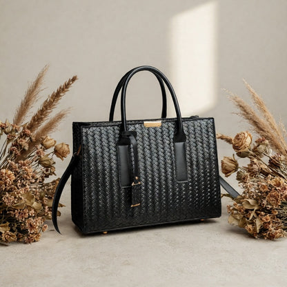 Large Woven Ladies Handbag with Removable Strap and Metal Buckle