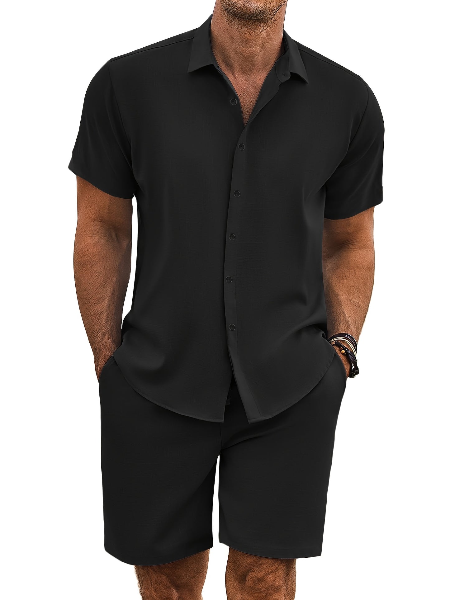 Men'S 2pcs Summer Beach Set, Cotton Linen Blend, Casual Short Sleeve Button- Shirt and Shorts, Solid Color, Lapel Collar, Non-Stretch Fabric, Regular Fit, Woven, 160g/m² - Loungewear Outfit
